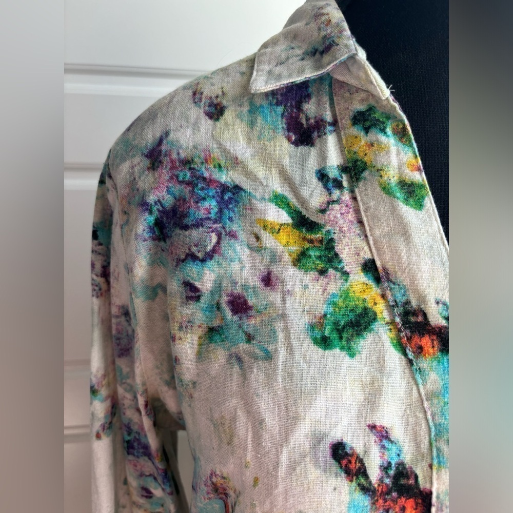 For Cynthia Linen Blend Button Down Abstract Water Colour Long Sleeve Size M - Picture 2 of 6